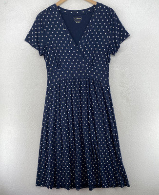 LL BEAN Dress M Stretch Rayon Jersey Polka Dot Surplice Short Sleeve Blue