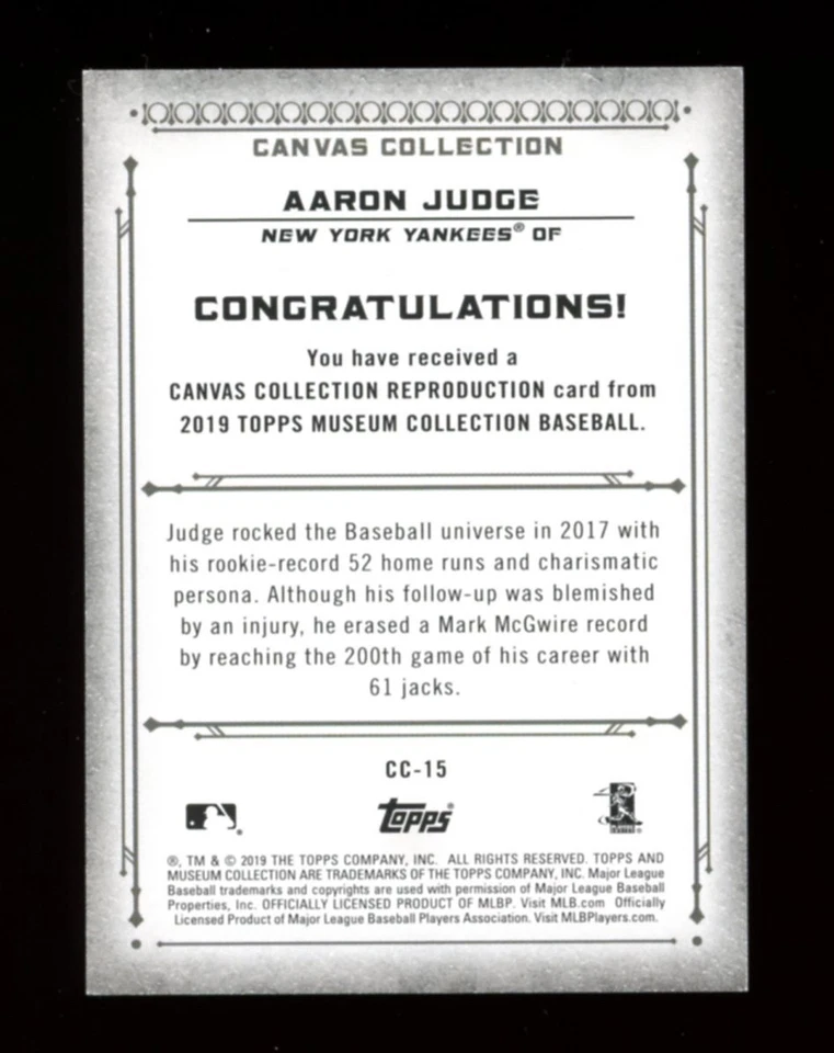 2019 Topps Museum Collection AARON JUDGE Canvas Collection Reproduction #CC-15 - Image 2 of 2