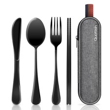 Travel Utensils with Case Portable Silverware Stainless Steel Cutlery Black