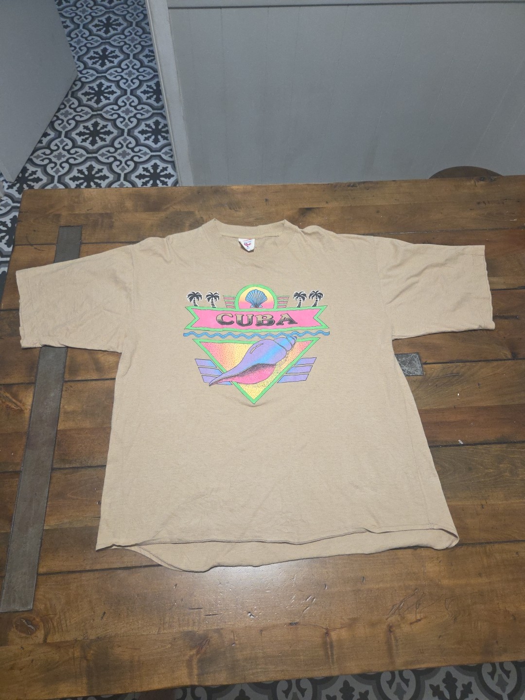 Vtg 90s CUBA Beach Vacation T-Shirt XL Tan Neon Single Stitch Souvenir Rare