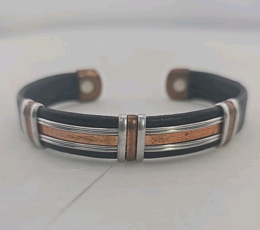 Solid Copper Leather Wrapped Magnetic Bracelet Me… - image 1