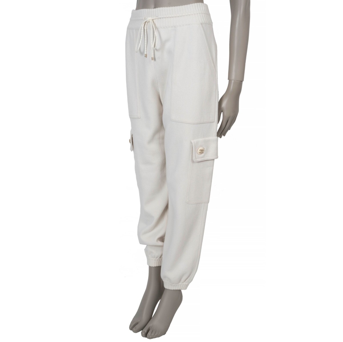 71080 auth CHANEL cream cashmere 20B CARGO TRACK SWEAT Pants 36 XS