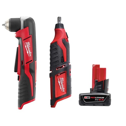 Milwaukee 2415-20-2460-20-48-11-2460 M12 12V Lithium-Ion Cordless 3/8 in. Right Angle Drill with M12 Rotary Tool and 6.0 Ah XC Battery Pack
