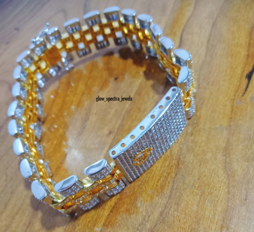 9 Ct Round Simulated Diamond Men's Link Bracelet 925 Silver Two Tone Gold Plated - Picture 2 of 9