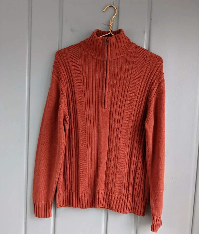 Perry Ellis Men Medium Sweater Half Zip Cable Knit Orange Cotton 1/2 1/4 Quarter - Image 2 of 4