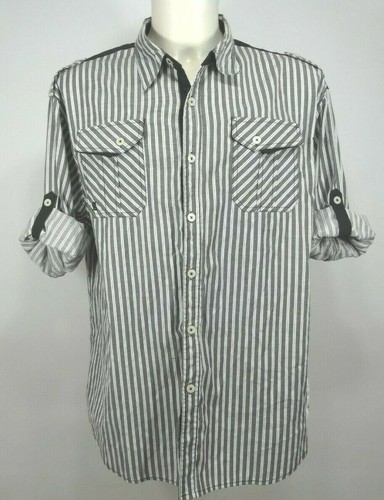 Akademiks Shirt 4XL Gray White LS Embroidery on Back Epaulets Roll Tab Sleeves - Picture 5 of 12