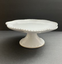 Ceramic Cake Display Stand Pedestal Scalloped Rim White Gold Dotted Rim 9.5  w4  h