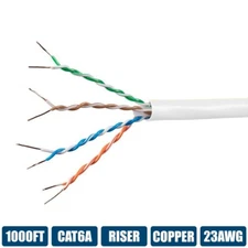 1000FT CAT6A Ethernet Network Bulk Cable UTP Riser Solid Wire Copper 23AWG White