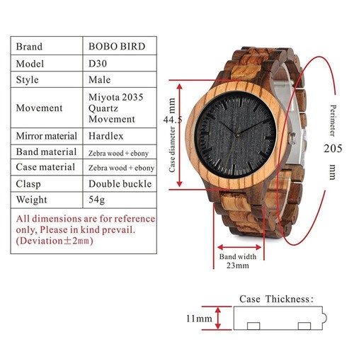 Mens Wooden Black & Zebra Sandalwood Wood Quartz Casual Watch Gift for Dad Men - Picture 4 of 11