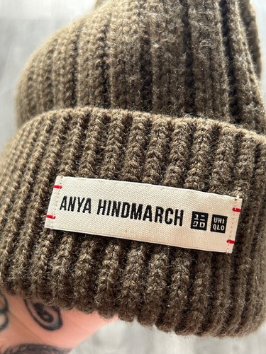 Uniqlo Olive Green Anya Hindmarch Knit Beanie Hat Bobble Pom Pom Unisex Wooly - Picture 5 of 13