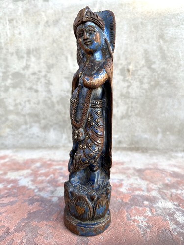Antique Old Rare Wooden Hand Carved Hindu God Krishna Worship Figure Statue - Picture 6 of 8