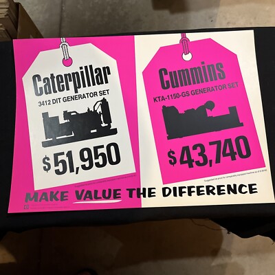 Vintage CAT vs Cummins Sign NOS - Morale Poster - Generator Set Comparison 3412