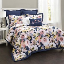 Lush D cor Blue Floral Watercolor 7 piece Comforter Set Full/ Queen Bedding