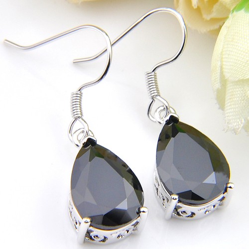 Water Drop Black Sapphire Gemstone Solid Silver Dangle Hook Earrings For Woman - Picture 6 of 6