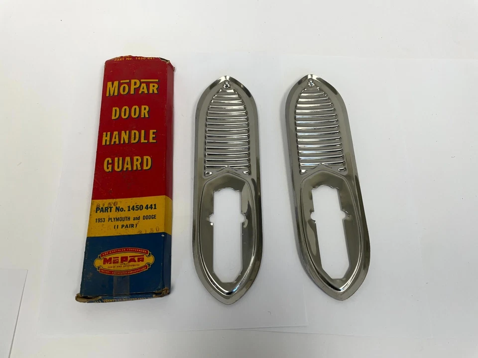 Dodge Plymouth 1953 protector de manija de puerta bisel cromado cubierta par 1450441 nuevo en stock Foto 3 de 4