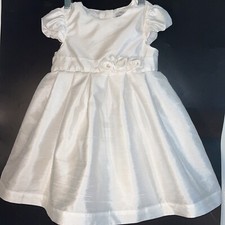 Toddler White Satin VTG Dress Sz 24 Mo. Puff Sleeve Lined 3D Rose Accents