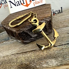 Brass Anchor Keychain, Polished Finish, Screw Locking D Ring, Nautical Keyring