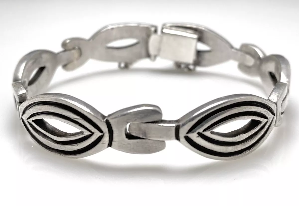 Vintage Signed JS Taxco Mexico 925 Sterling Silver Geometric Oval Link Bracelet