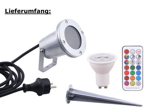 LED RGB+W Gartenstrahler silber Alu wasserdicht IP68 + Fernbedienung 3W 230V - Bild 5 von 8