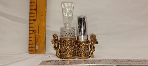 Vintage Cherub Perfume Glass Bottle/Lipstick Set Brass Filigree Holder