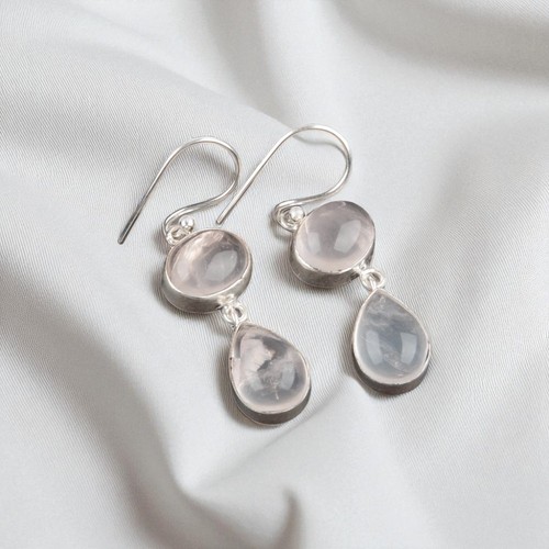 Natural Rose Quartz Gemstone 925 Sterling Silver Jewelry Handmade Earrings 1.88" - Picture 2 of 6