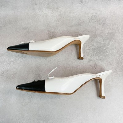 CHANEL Vintage Bow CC Mules Leather 34.5 Black White Pointed Toe