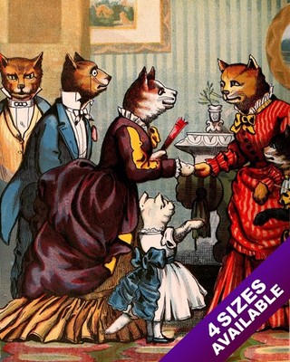 FANCY VICTORIAN ERA CATS DINNER TEA PARTY KITTEN ART PAINTING REAL CANVAS PRINT