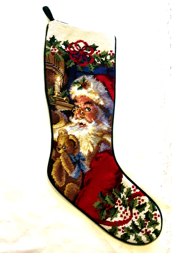 VTG Needlepoint Christmas Stocking Santa Bear Holly Berries Green Velvet Back