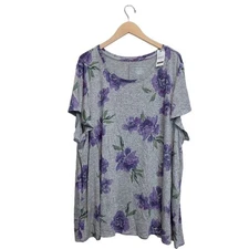 Lane Bryant Woman's 26/28 Floral Purple Flowers & Gray The Tee Shop Top Blouse