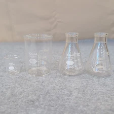 Vintage Kimax Pyrex Glass Beaker Flask Labware Set 10ml 50ml 100ml