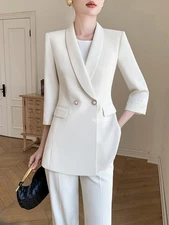 Womens Casual Suit Set New Summer Formal Two Button Coat Summer Beige Pants Suit