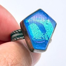 Vintage Modernist Blue Glass Sterling Silver Ring Size 8