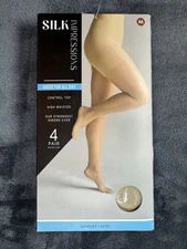 Silk Impressions Sheer For All Day Control Top 4 Pair 20 Denier Beige. Size Med