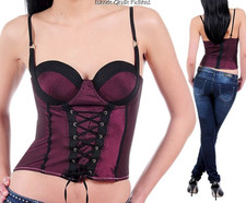 Plum Black Pinstripe Lace-Up Front Hook  Eye Back Bra Top Corset Bustier Cami S
