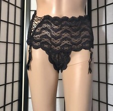 NWT VICTORIA'S SECRET M/L BLACK LACE UP DOTTED MESH RARE VINTAGE GARTER PANTIES