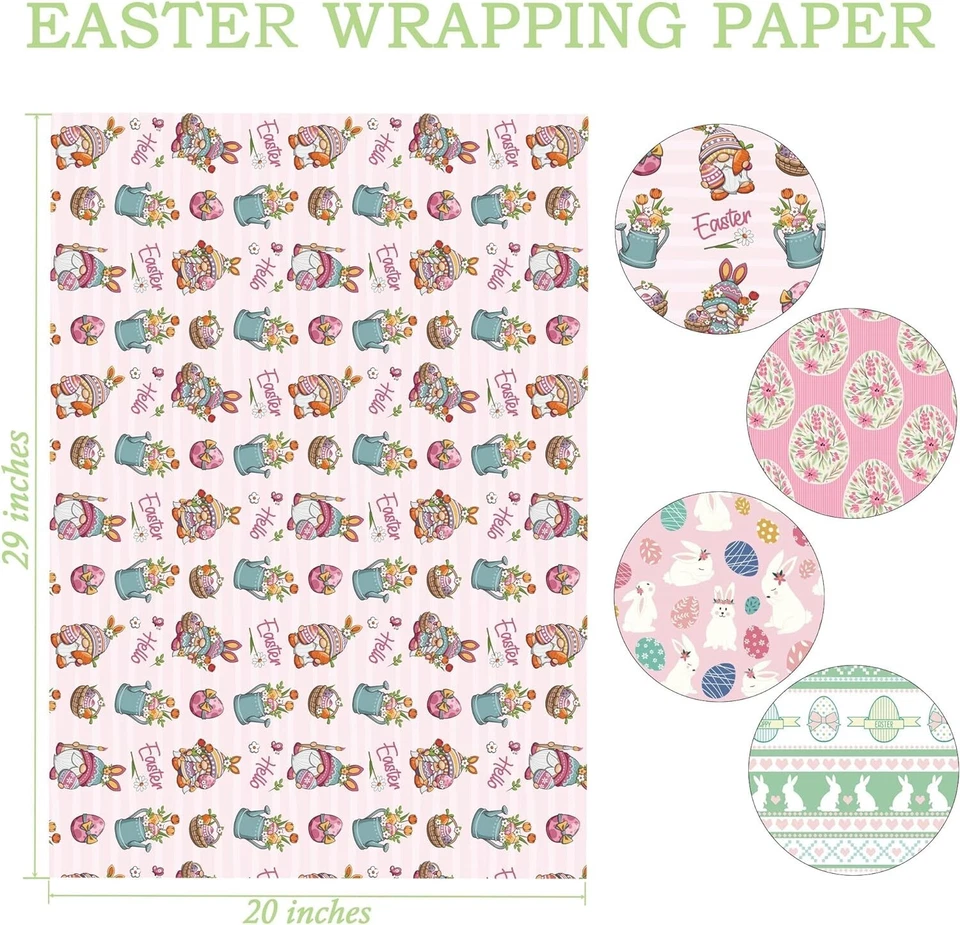 Papel de envolver regalo de Pascua 20"x29" 8 hojas • Gnomos pastel conejitos huevos Foto 3 de 4
