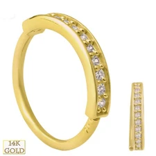 14k Solid Yellow Gold Line of 11 Zircon Twist to Open 8mm Wide 22g Hoop Piercing