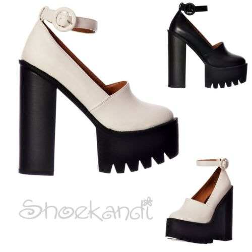 Womens Macey Platform Ankle Strap Cleated Sole High Heels Shoes Black White Size - Zdjęcie 1 z 17