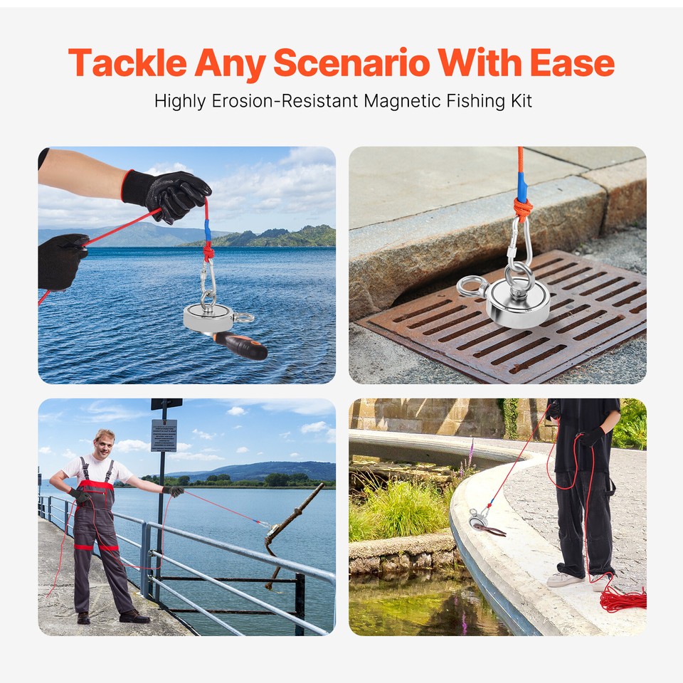 Fishing Magnet Kit - 500-1000 LBS Pull Force, Strong Neodymium Magnet With Rope & Carabiner, Round Shape