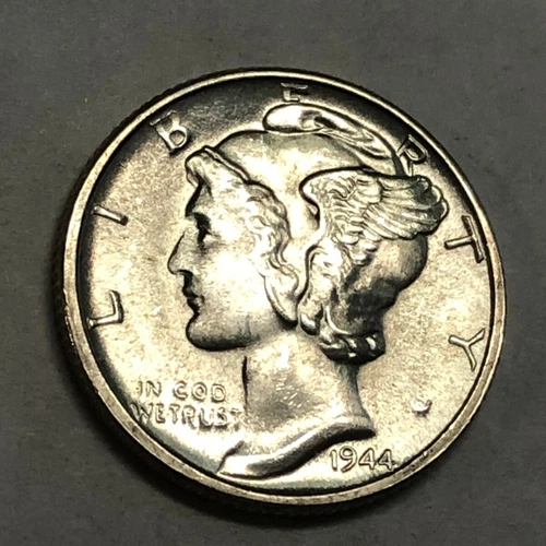 1944D MERCURY silver U.S. dime. Frosty very choice-gem BU, full split bands.  #2