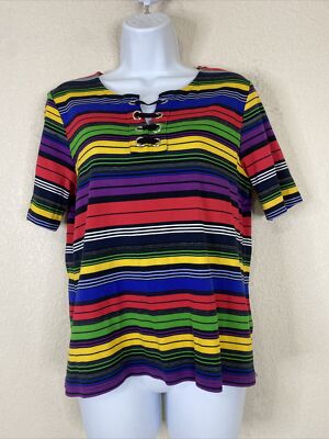 Rafaella Studio Womens Size PM Colorful Striped Knit Top Elbow Sleeve