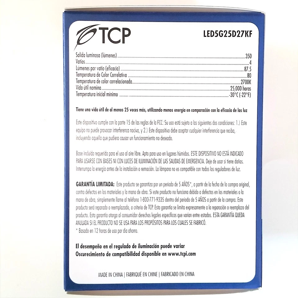 TCP LED5G25D27KF 4W 2700K Dimmable G25 Globe LED Light Bulb 40 Watt Replacement - Image 4 of 4