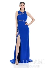 TERANI COUTURE High Slit Cobalt Open Back Gown Size 2 Formal Wedding Prom
