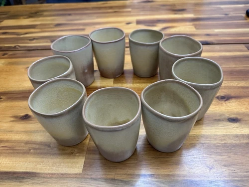 9-PIECE VTG FRANKOMA POTTERY TUMBLERS (5LC) IN PLAINSMAN DESERT GOLD, USA, EUC