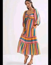 New Anthropologie x Farm Rio Rainbow Stripe Midi Dress XS Beach Casual Travel