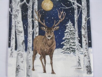 3 Servietten PPD Weihnachten Winter Stag Hirsch bei Nacht im Wald Mondschein