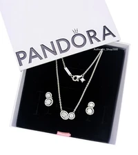 NEW Authentic PANDORA 925 Double Halo Stud Earrings + Necklace Gift Set B802600