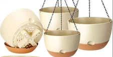 4 Pack Hanging Planter Plastic Pots W/ Hangers, Drainage Holes & Removable Trays