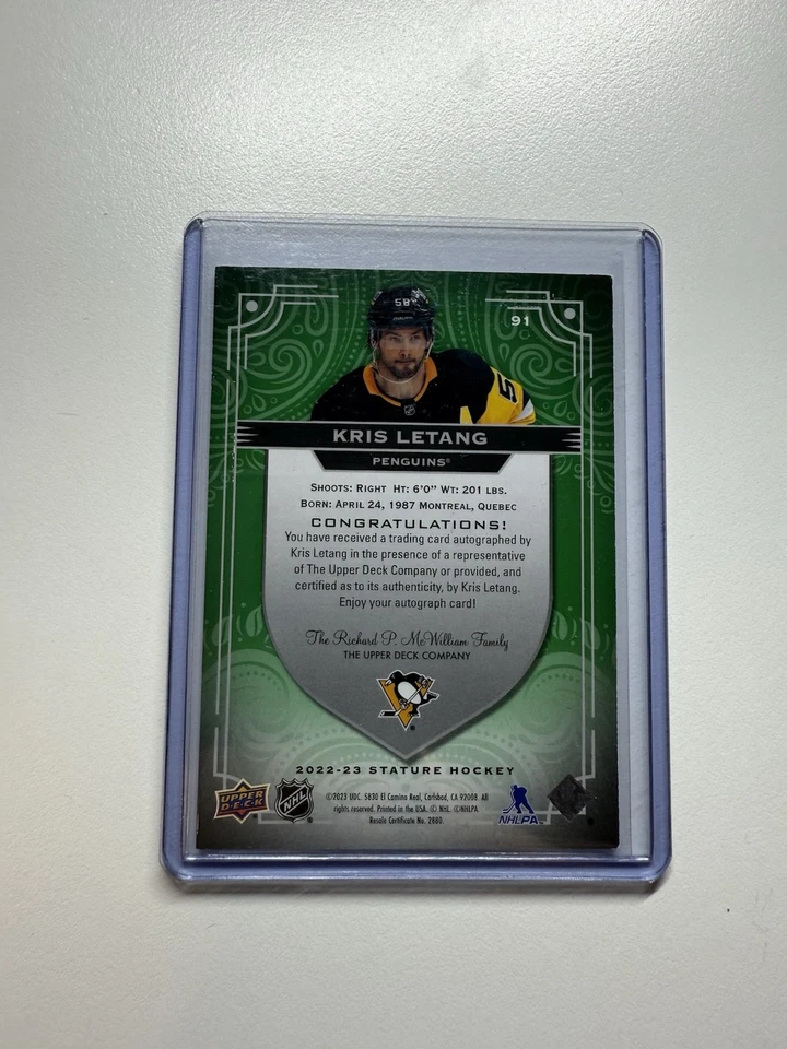 KRIS LETANG 2022-23 STATURE GREEN AUTO /50 - Image 2 of 2