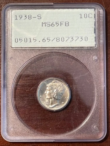 1938-S 10¢ MS65 FB PCGS RATTLER Mercury Dime